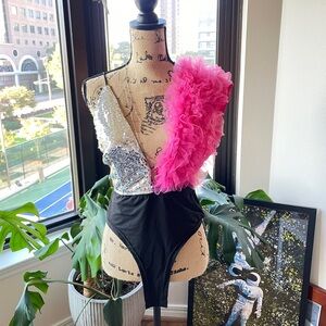 Silver and Pink Sequin Ruffled Party Bodysuit